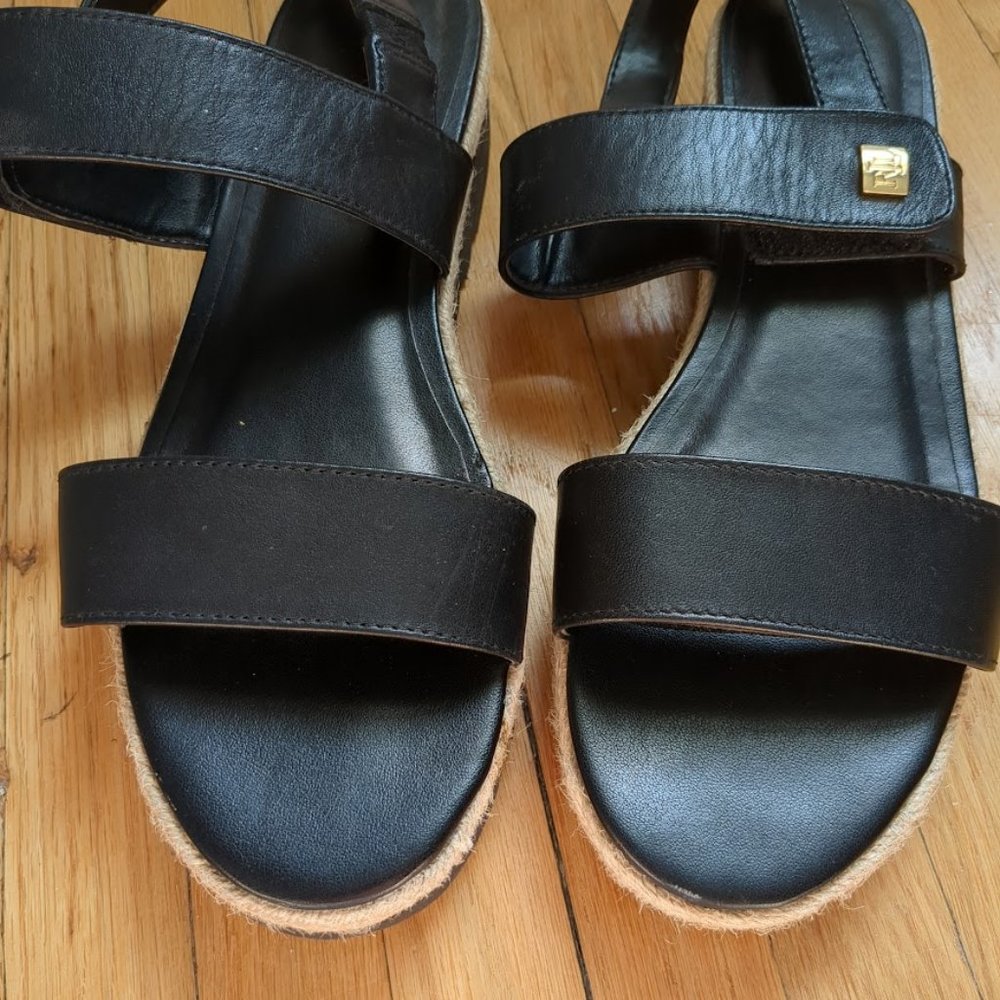Lauren Ralph Lauren Leather Sandals Black Chunky Heel Platform Espadrille Size 8 - Picture 3 of 8